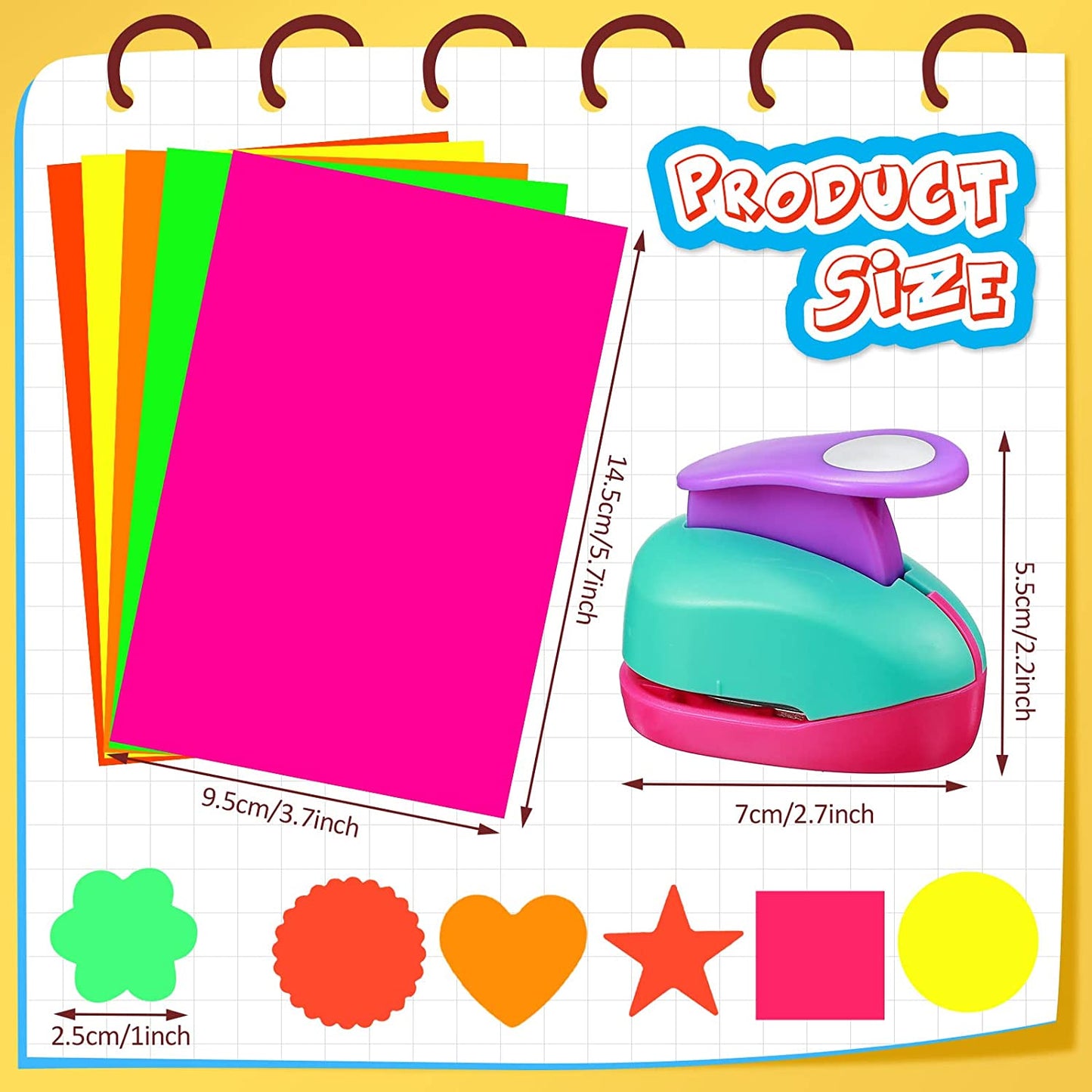 Craft Holes Punch 1 Inch Paper Punchers Scrapbook Punches with Craft Sticker Paper, Round, Star, Square, Heart, Flower, Wave Circle Shape (16 Pieces)