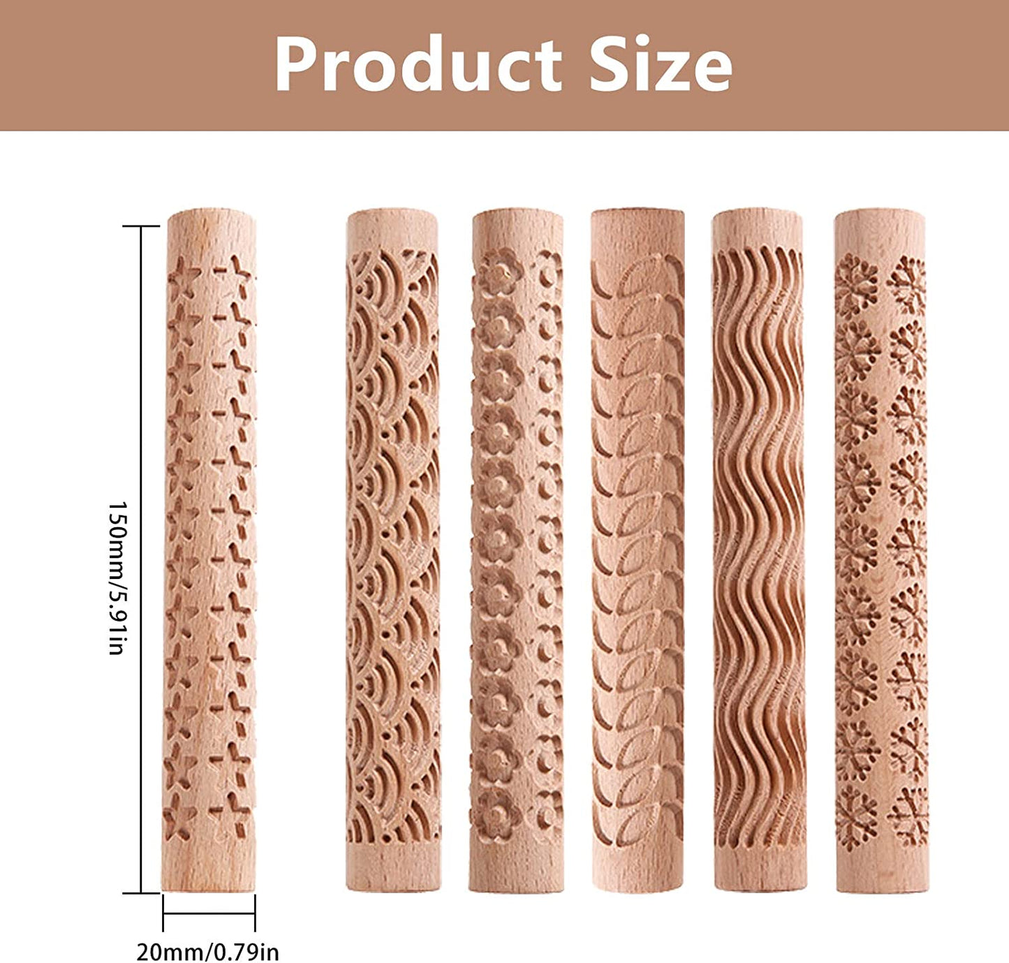 PLAYDAY 6Pcs Clay Modeling Pattern Rollers, Large Texture Rollers for Clay Wooden Handle,Rolling Pottery Ceramic Carved Tools