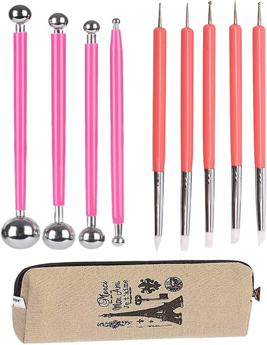 Ecjiuyi 9PCS Sculpting Tools,4PCS Double-Ended Metal Ceramic Clay Ball Stylus Dotting Tools and 5PCS 2 Way Silicone Polymer and Embossin Paper Flower Indentation Tool Set
