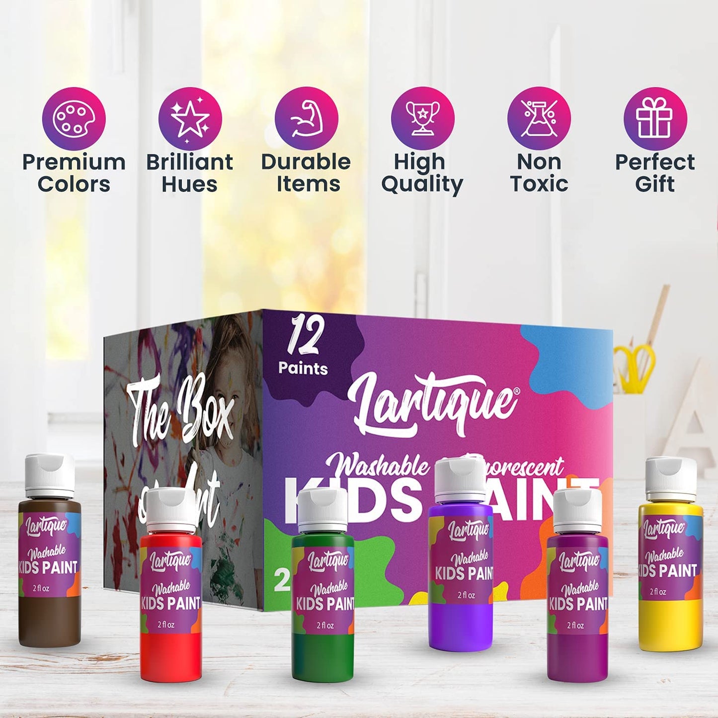 Lartique Washable Paint-12 Colors Finger Paint, Regular and Fluorescent Kids Paint Set
