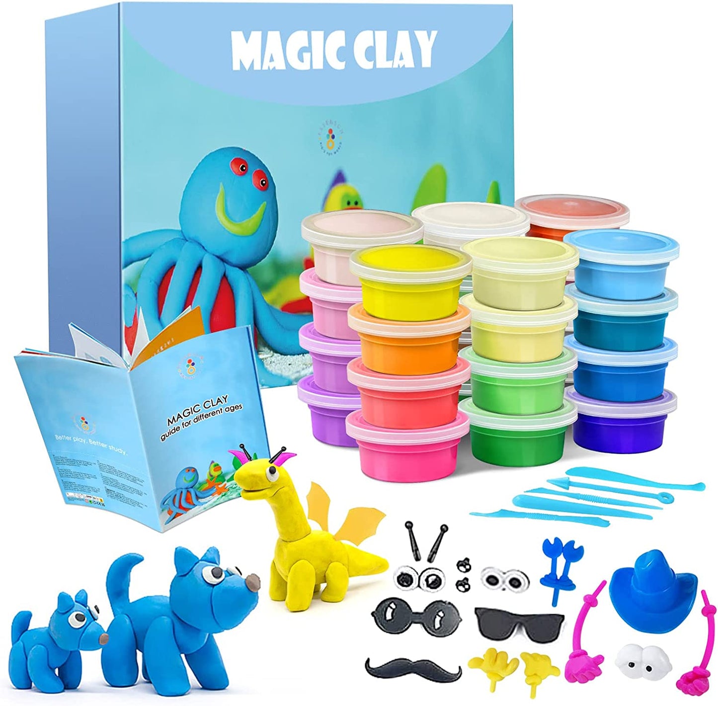 Modeling Clay Kit - 24 Colors Air Dry Ultra Light Magic Clay, Soft & Stretchy DIY Molding Clay with Tools, Animal Accessories