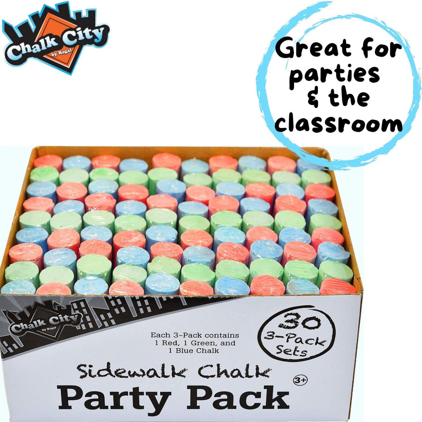 Chalk City Sidewalk Chalk for Kids Party Pack Washable Outdoor Jumbo Chalks Bucket 30 Count