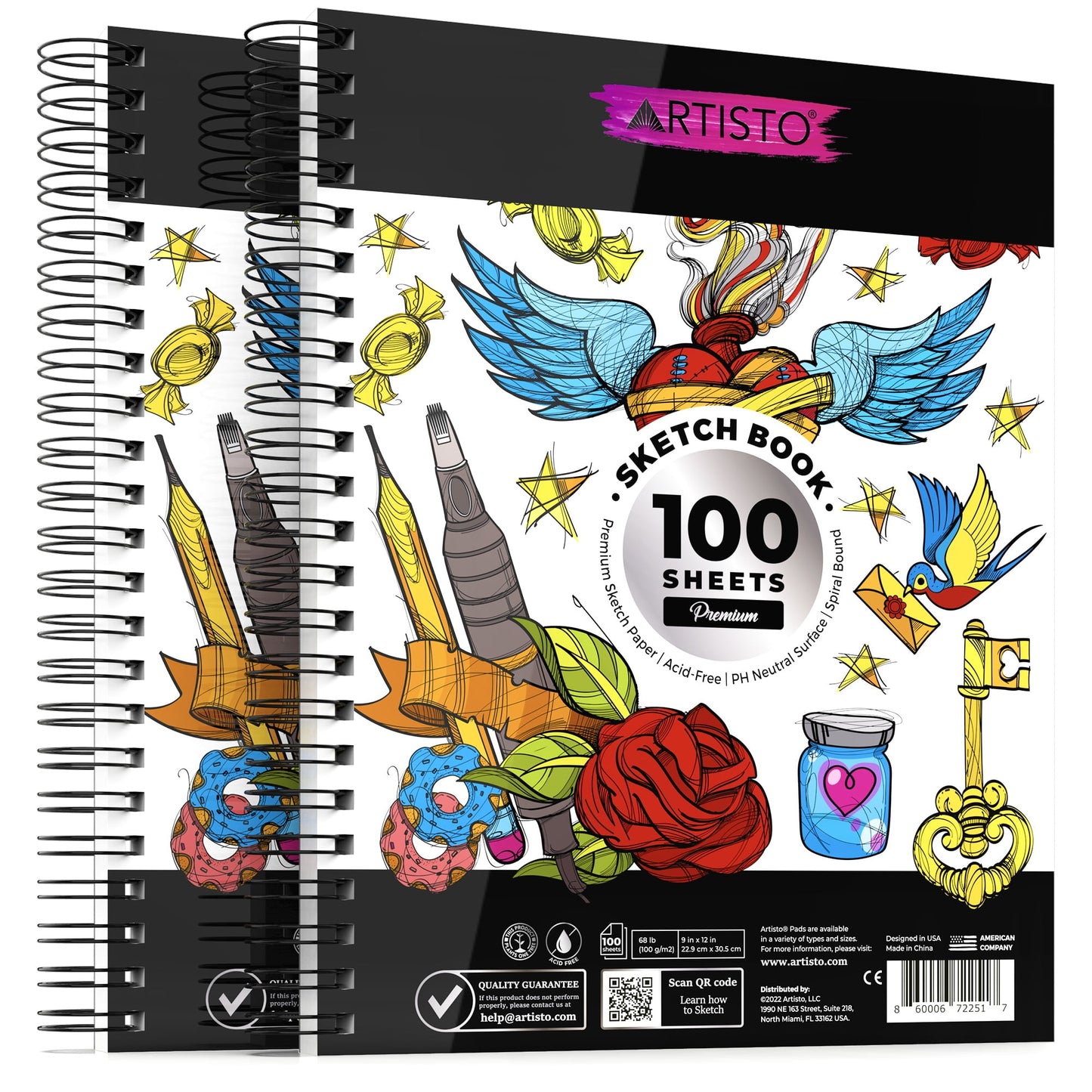Artisto Premium Sketch Book Set 9x12", Spiral Bound, Pack of 2, 200 Sheets (100g/m2)