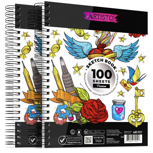 Artisto Premium Sketch Book Set 9x12", Spiral Bound, Pack of 2, 200 Sheets (100g/m2)