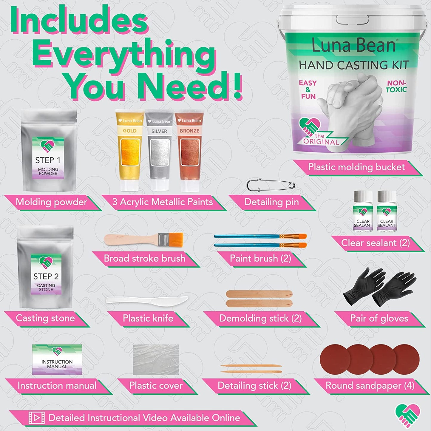 Luna Bean Hand Casting Kit - Perfect Wedding Gifts & Couples Gifts - Silver, Bronze & Gold Metallic Acrylic Paint Included