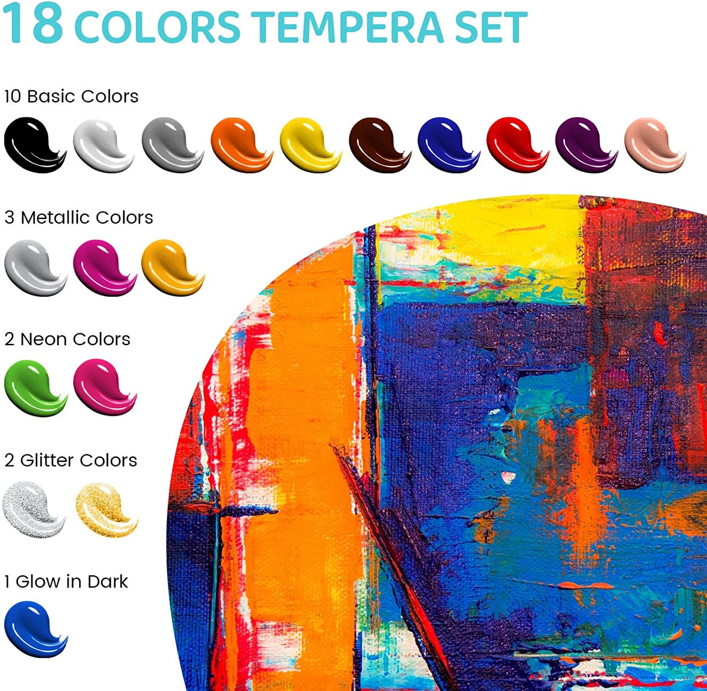 UPGREY Washable Tempera Paint Set for Kids, (400ML/13.5 floz)18 Colors with 5 Brushes, Finger Paint For Poster and Craft, Art Supplies