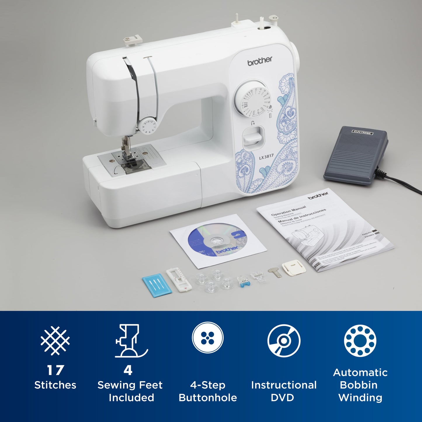 Brother LX3817 17-Stitch Portable Full-Size Sewing Machine, White