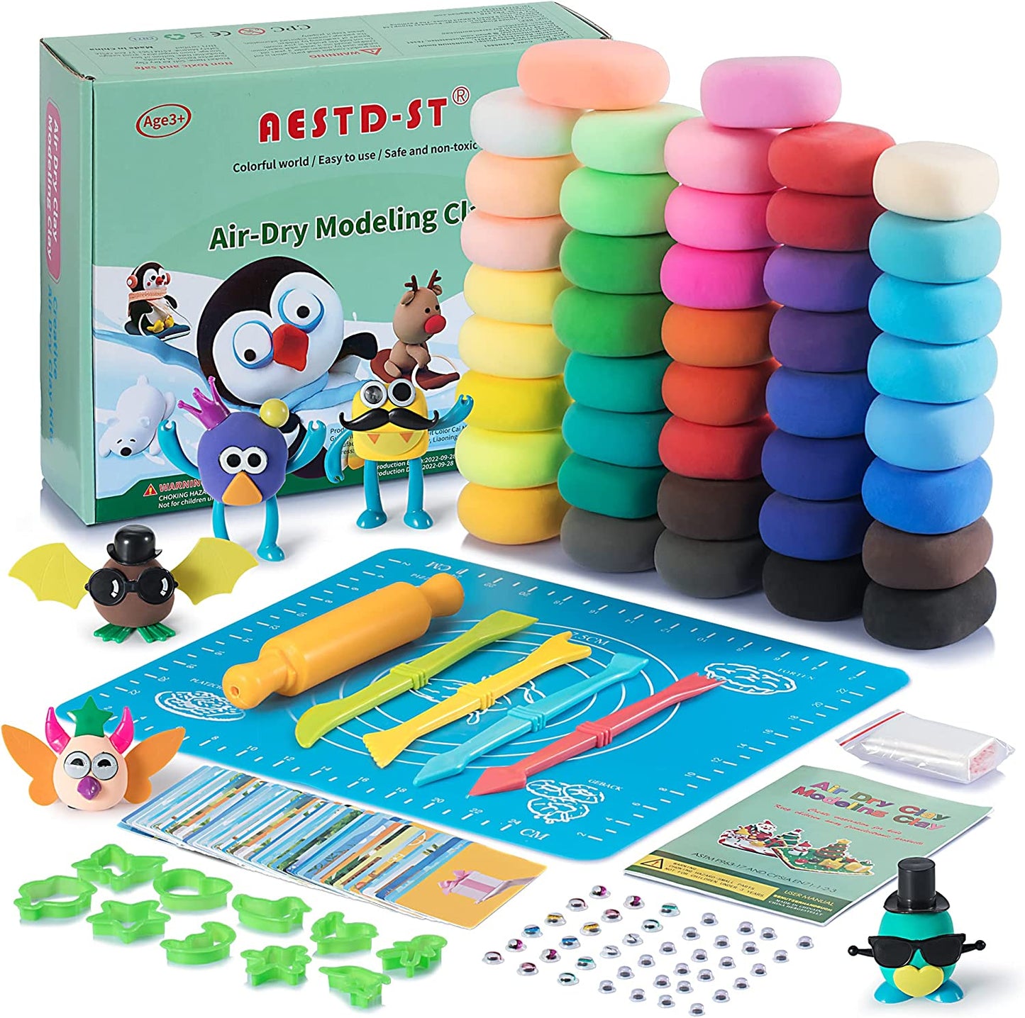 AESTD-ST Air Dry Clay Kit, 42 Corlors Modeling Clay for Kids, Safe & Non-Toxic Super Light DIY Soft Magic Clay, Molding Clay with Sculpting Tools and Tutorial Cards