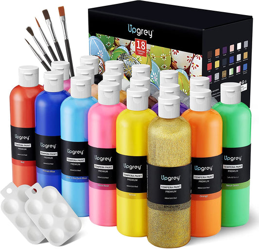 UPGREY Washable Tempera Paint Set for Kids, (400ML/13.5 floz)18 Colors with 5 Brushes, Finger Paint For Poster and Craft, Art Supplies