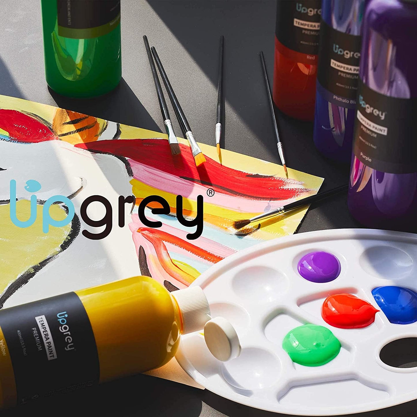 UPGREY Washable Tempera Paint Set for Kids, (400ML/13.5 floz)18 Colors with 5 Brushes, Finger Paint For Poster and Craft, Art Supplies