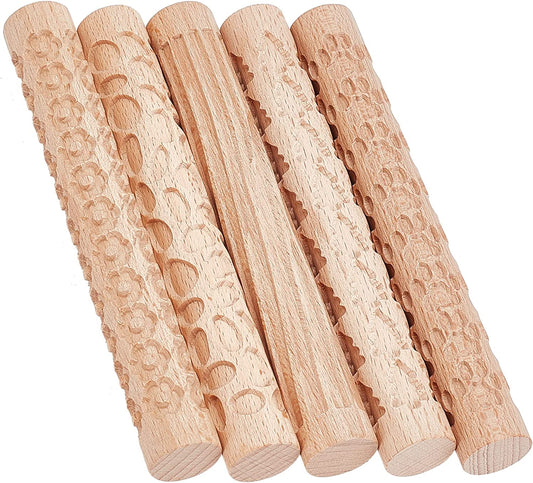 GORGECRAFT 6 Inch 5 Styles Wooden Handle Clay Texture Roller Modeling Pattern Pottery Tools Handmade Clay Slab Rollers Pins Leaves Wave Snowflake for Ceramics Pastries Cookies or DIY Projects