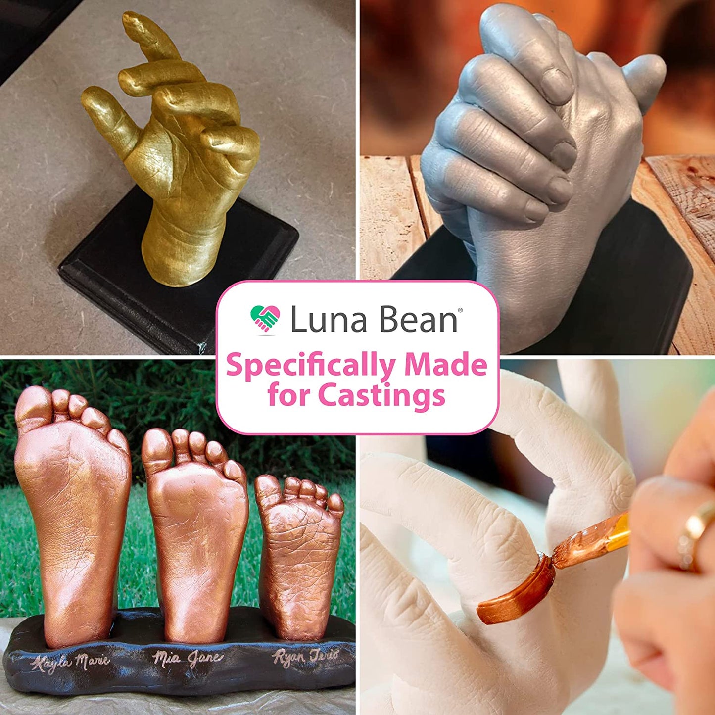 Luna Bean Hand Casting Kit - Perfect Wedding Gifts & Couples Gifts - Silver, Bronze & Gold Metallic Acrylic Paint Included