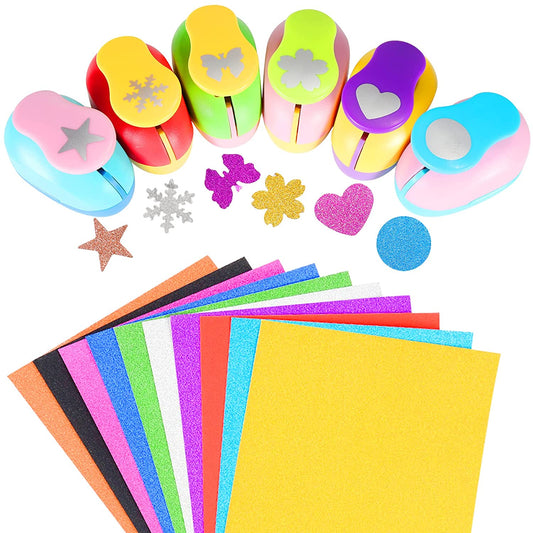 Kids Paper Puncher Hole Scrapbook Punches with 10 Glitter Sticker Paper, Heart Star Circle Shape