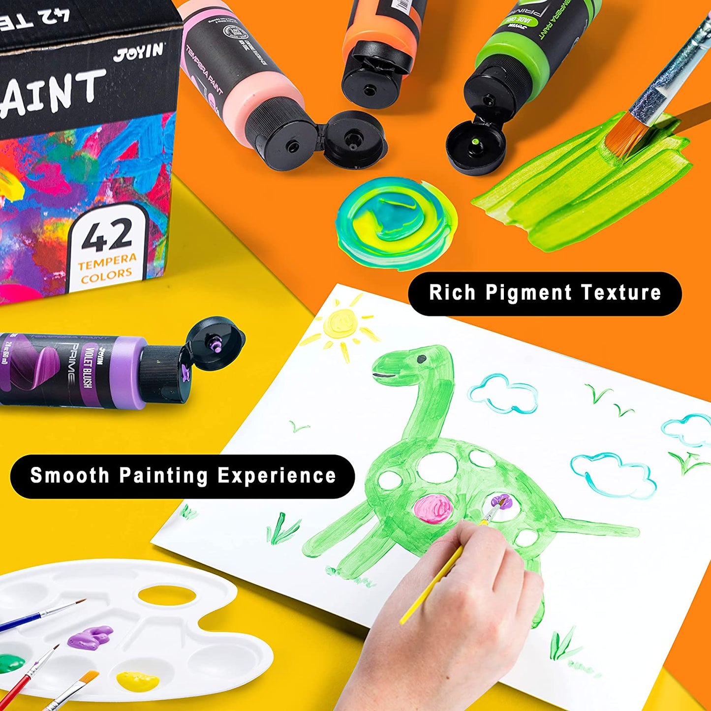 JOYIN Washable Paint for Kids 42PCS - (2 oz Each) with 15 Brushes and 4 Palettes