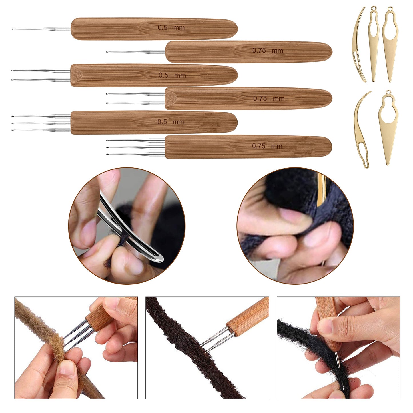11pcs Dreadlocks Crochet Hooks Set, EEEkit 0.5mm 0.75mm Dreadlock Weaving Needle, Steel Crochet Hook with Bamboo Handle Interlocking Needles