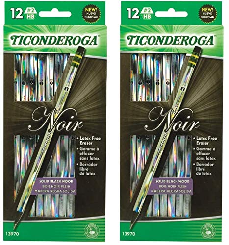 Ticonderoga Noir Black Wood-Cased #2 Pencils, Holographic Design, 12-Count (13970), 2 Pack