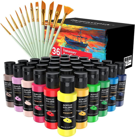 Fantastory Acrylic Paint Set 36 Colors(2oz /60ml) with 12 Brushes, Professional Craft Thick Paints Kits