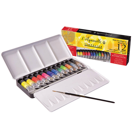 Sennelier I'Aquarelle French Artists' Watercolor Paints - Metal Set of 12 Tubes - 10ml Tubes - Assorted Colors