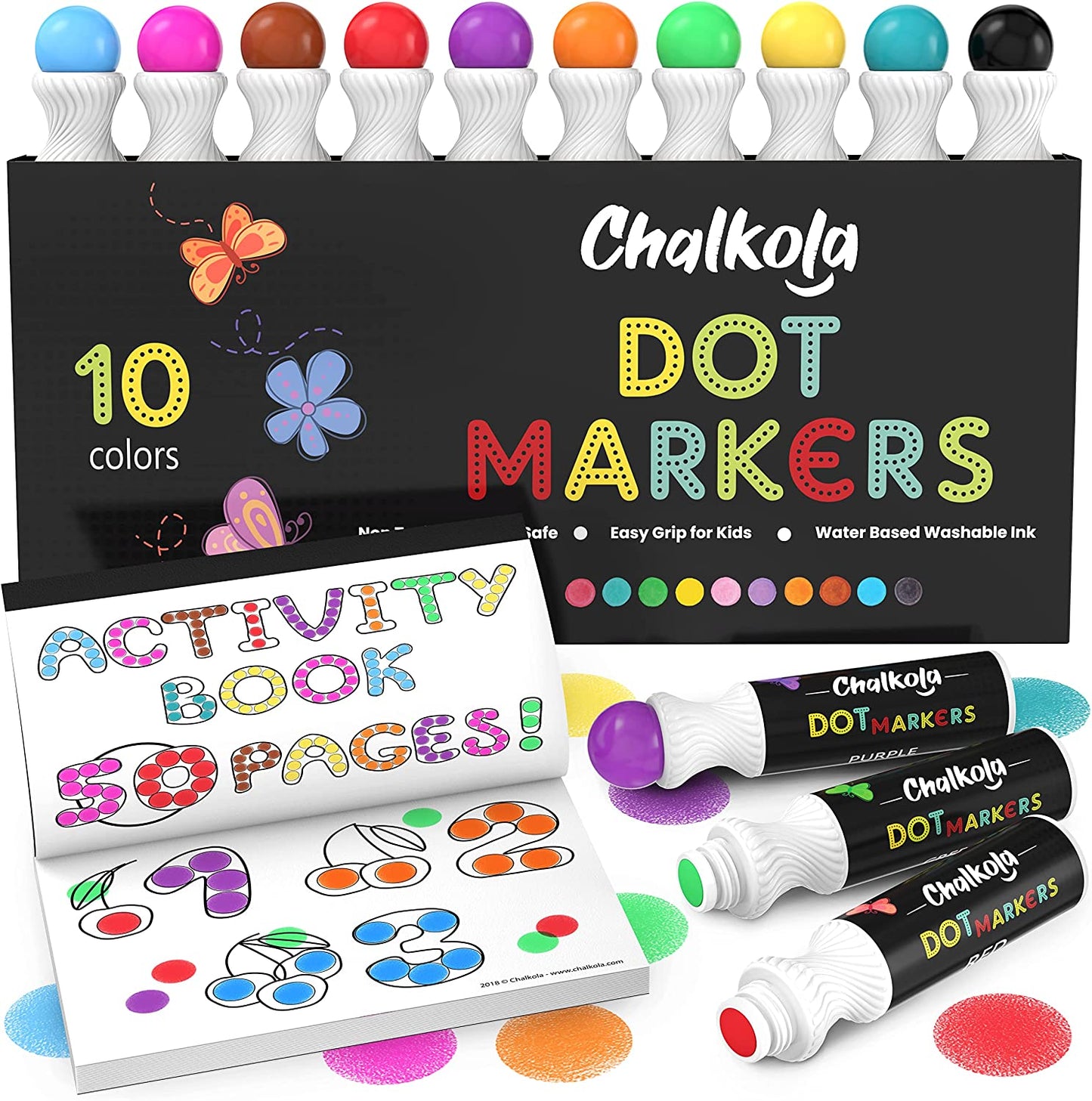 Chalkola Kids Washable Dot Markers 10 Shimmer Colors | Water-Based Non Toxic Paint Daubers for Toddlers | Fun Preschool Art Supplies