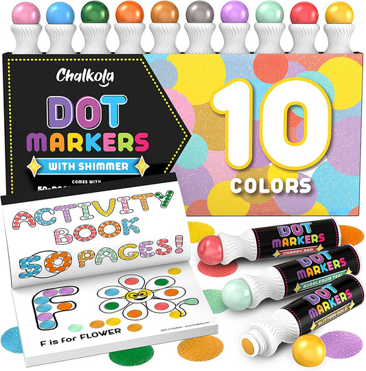 Chalkola Kids Washable Dot Markers 10 Shimmer Colors | Water-Based Non Toxic Paint Daubers for Toddlers | Fun Preschool Art Supplies