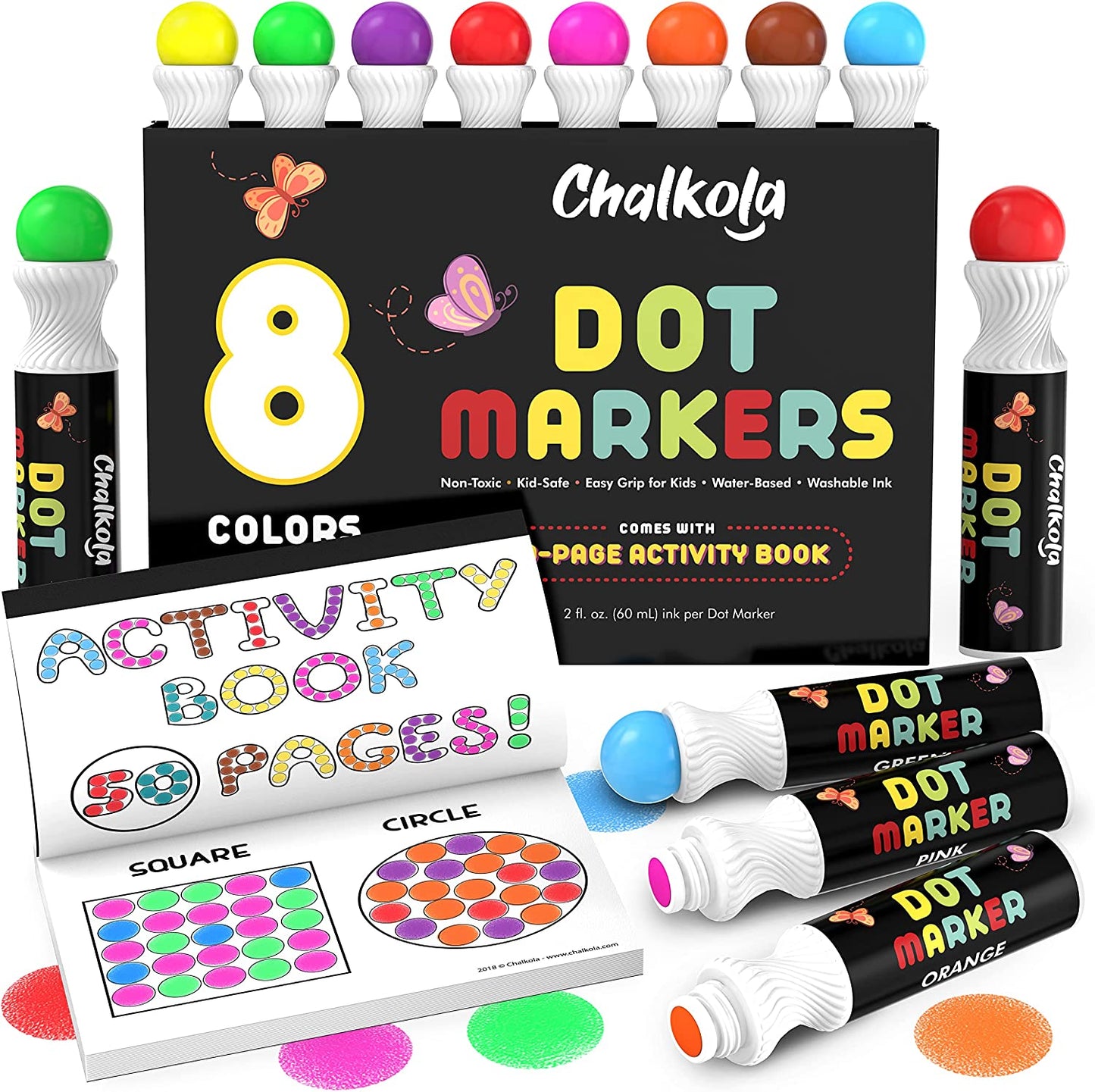 Chalkola Kids Washable Dot Markers 10 Shimmer Colors | Water-Based Non Toxic Paint Daubers for Toddlers | Fun Preschool Art Supplies