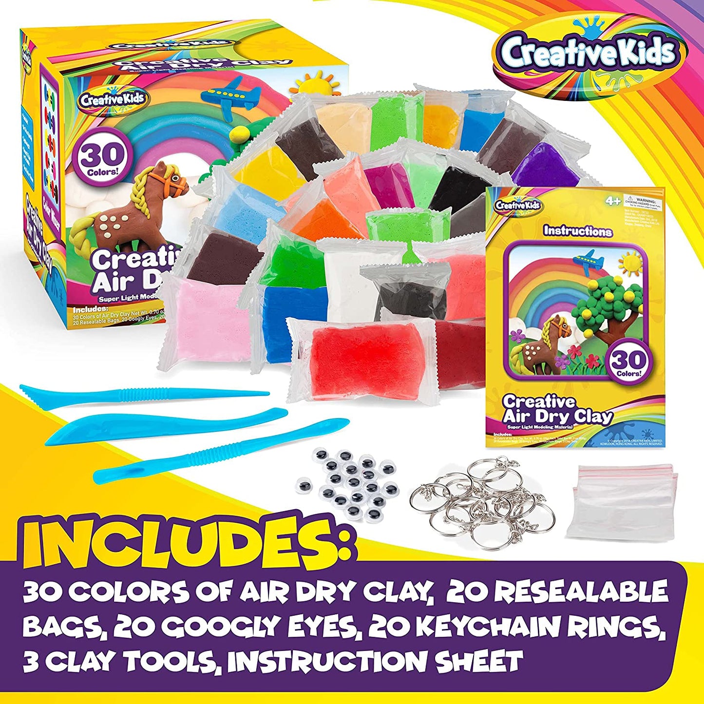 Creative Kids Air Dry Clay Modeling Crafts Kit for Children - 30 Vibrant Colors & 3 Clay Tools