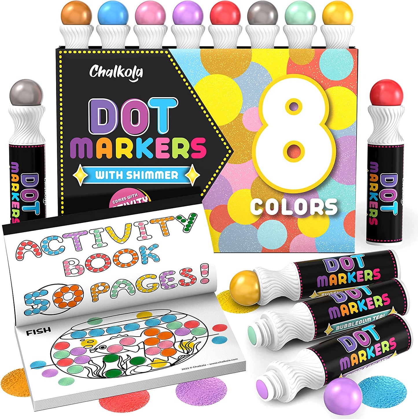 Chalkola Kids Washable Dot Markers 10 Shimmer Colors | Water-Based Non Toxic Paint Daubers for Toddlers | Fun Preschool Art Supplies