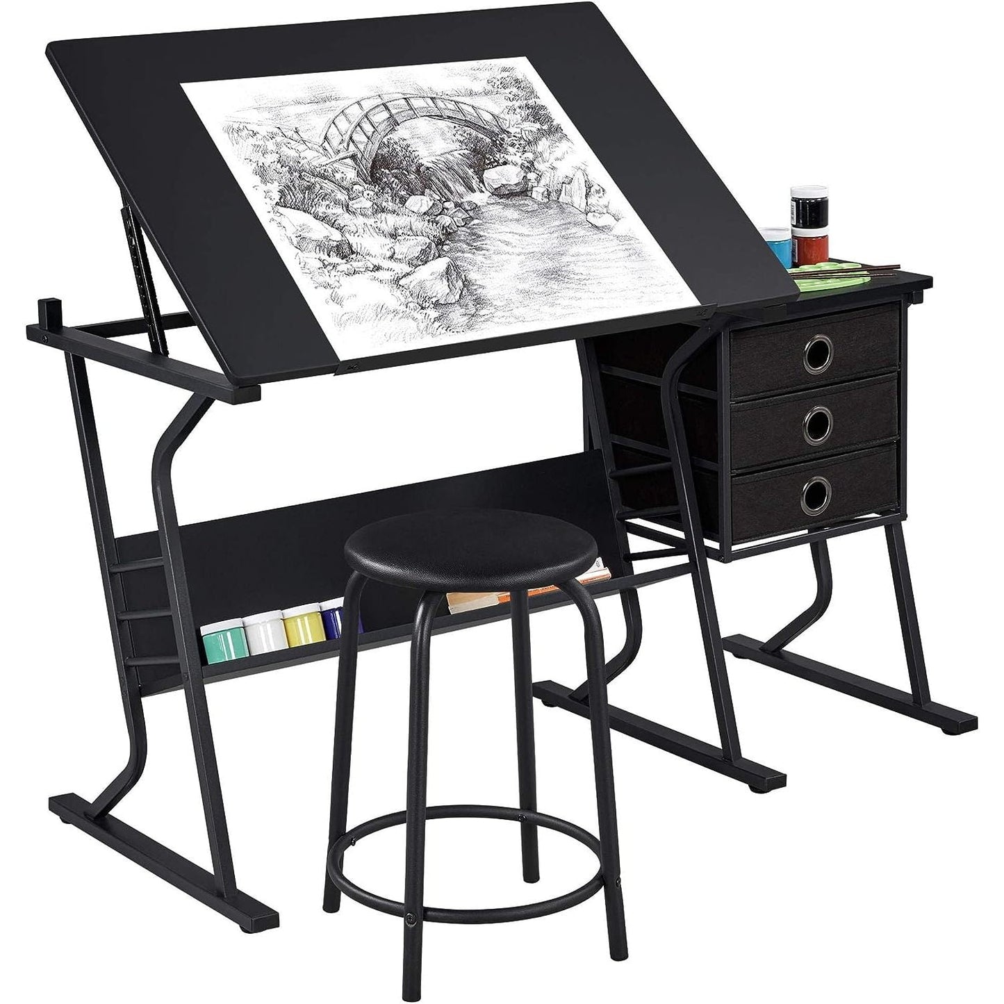 Chictail Height Adjustable Drafting Table with Stool & Storage Drawers