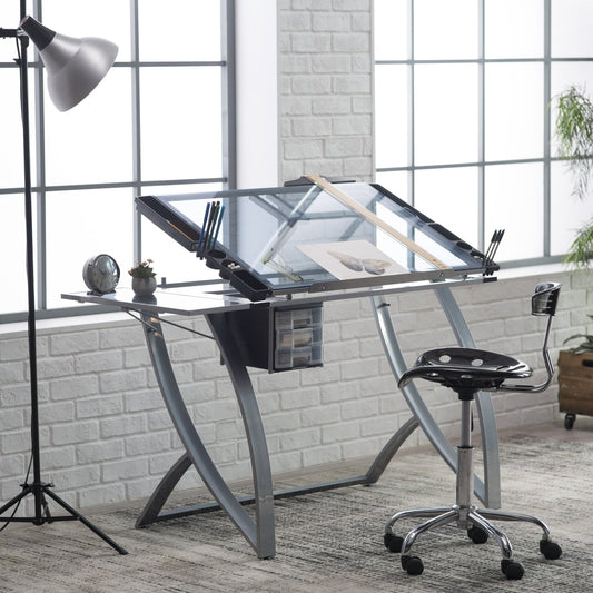 Studio Designs Futura Advanced Glass Tabletop Drafting Table in Silver