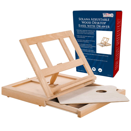 U.S. Art Supply Solana Adjustable Wood Desk Table Easel with Storage Drawer, Paint Palette, Premium Beechwood