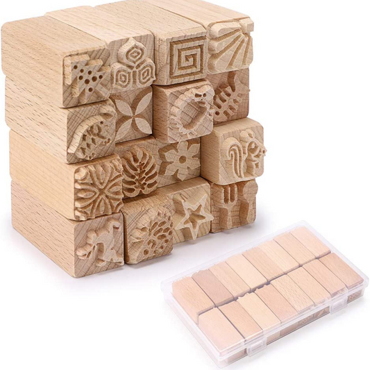 OWNMY Set of 16 Clay Modeling Pattern Stamp Kit, Wooden Clay Pottery Stamps Pottery Tool Wood Block Stamp, Clay Rolling Pin Textured Hand Roller Wooden Handle Pottery Tools Set