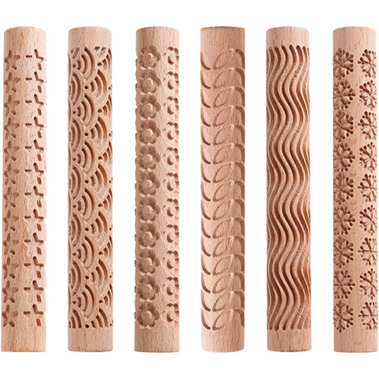 PLAYDAY 6Pcs Clay Modeling Pattern Rollers, Large Texture Rollers for Clay Wooden Handle,Rolling Pottery Ceramic Carved Tools