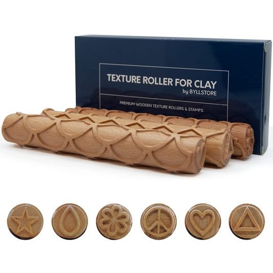 Byllstore Extra Large Texture Rollers for Clay - 1 & 3 Packs of Premium Wooden Texture Rollers with Pottery Stamps (7" x 1.2", 3 Pack)