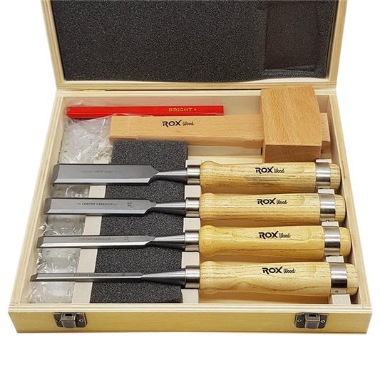 Rox Wood 8-Pieces Woodworking Carving Tools Chisel Set With Red Beech Wood Handle, Mallet, Pencil In A Wooden Storage Case Box