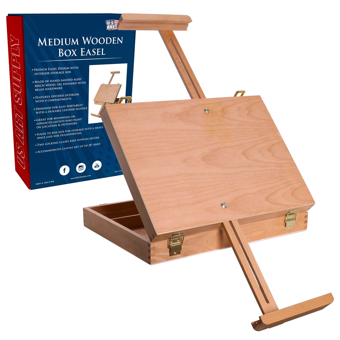 U.S. Art Supply Newport Medium Adjustable Wood Table Sketchbox Easel, Beechwood - Portable Wooden Artist Desktop Case