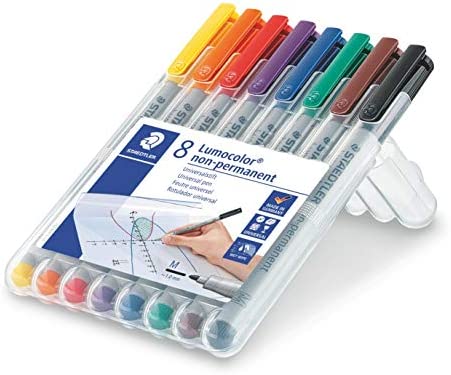 Staedtler Lumograph Non-Permanent Wet Erase Marker Pens, Medium Tip Refillable Colored Markers, 8 Pack, 315 WP8