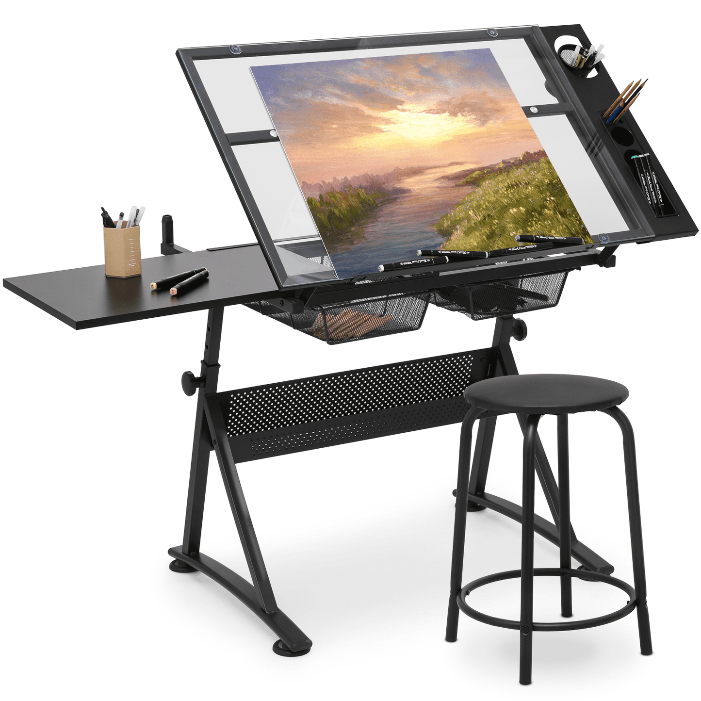Magshion Craft and Drawing Station with Stool Set,Black