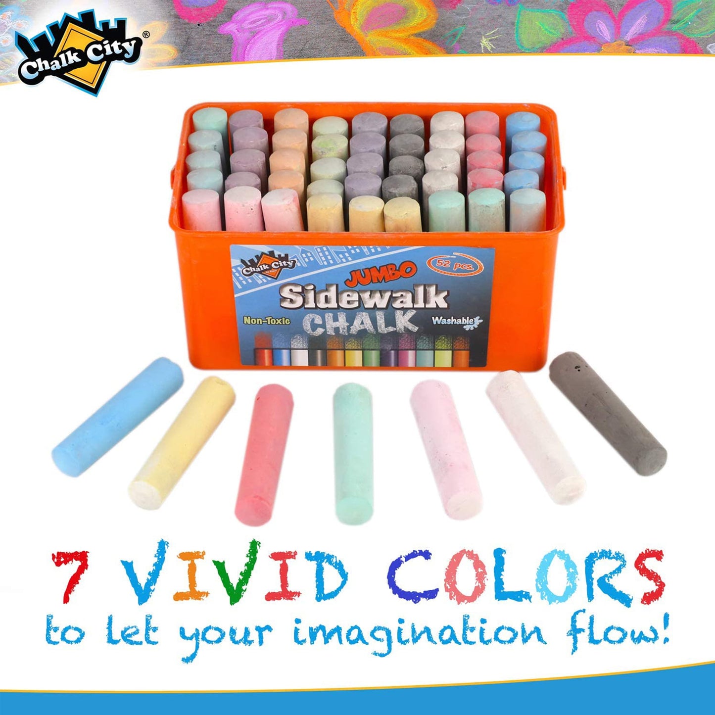 Chalk City Sidewalk Neon Chalk for Kids Washable Outdoor Jumbo Chalks Bucket 52 Count