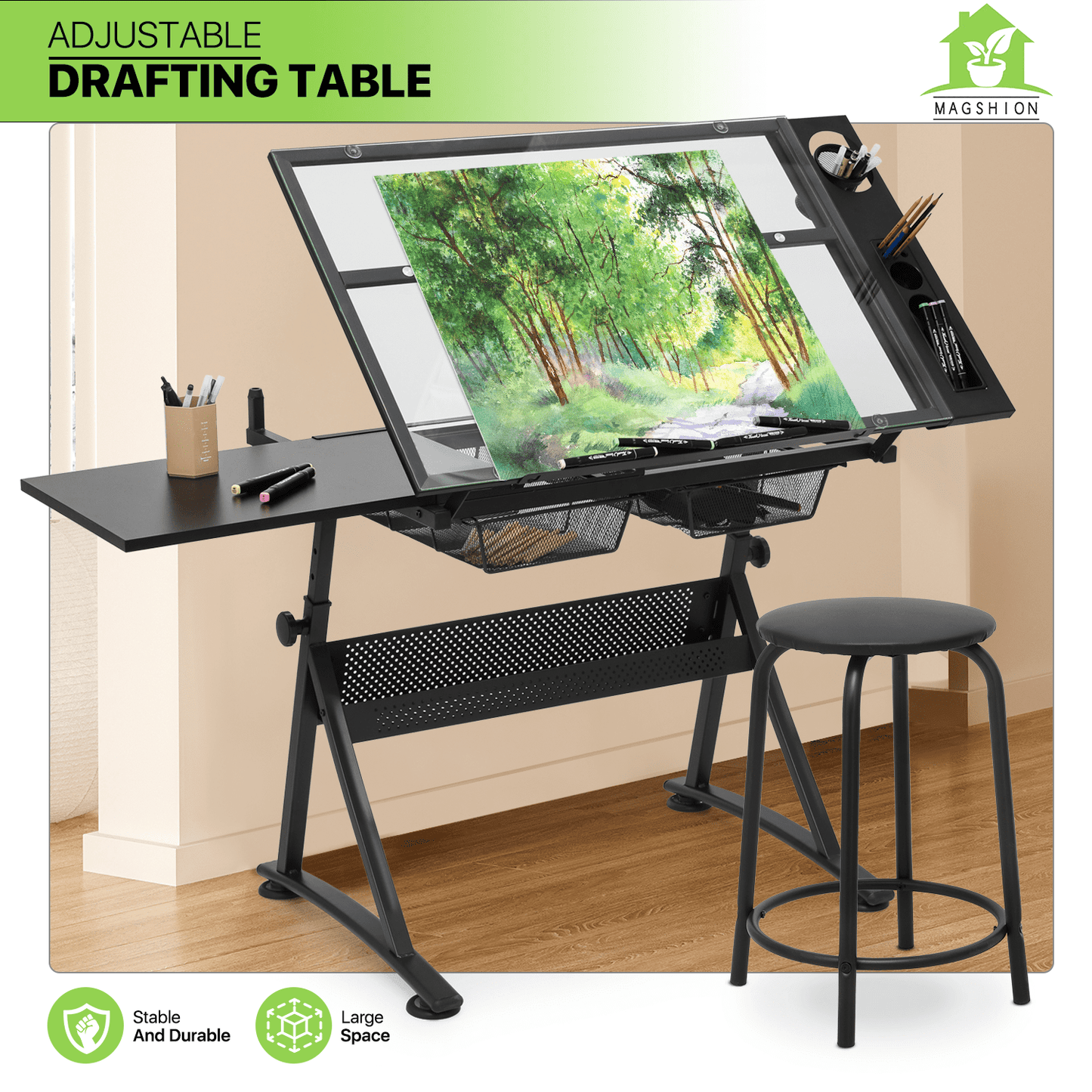 Magshion Craft and Drawing Station with Stool Set,Black