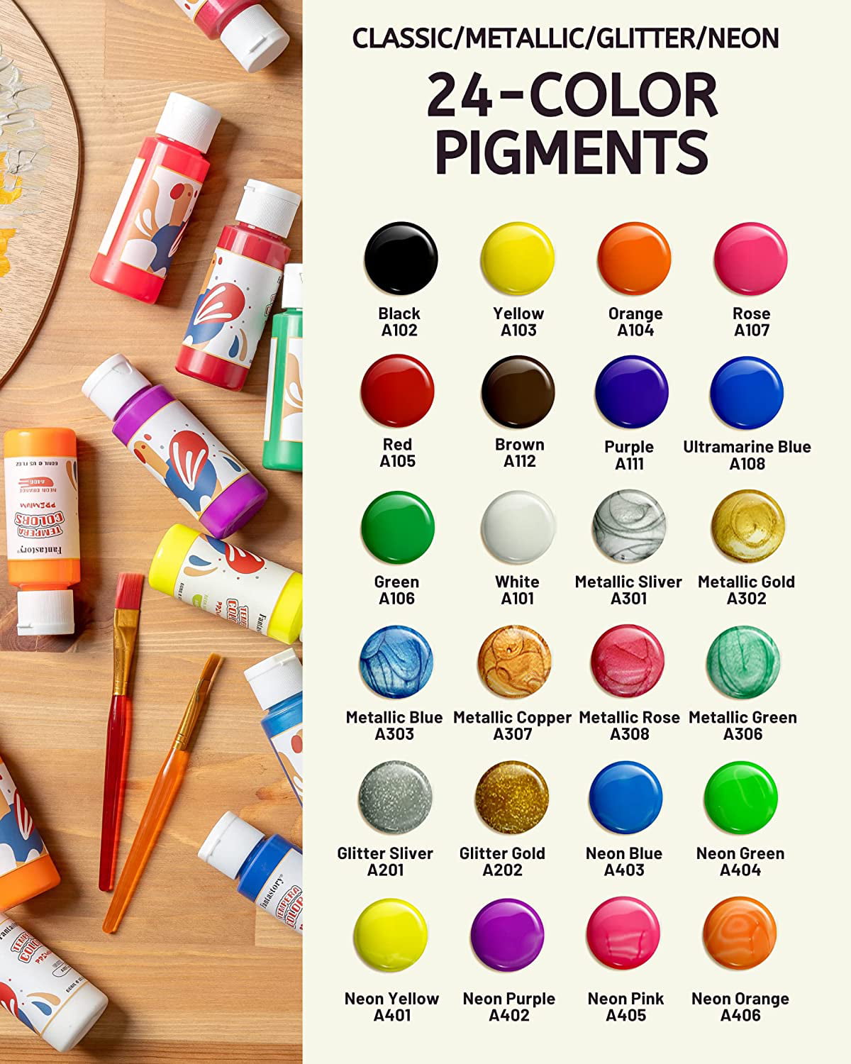 Fantastory Tempera Paint Set 24 Colors (2oz Each), Washable Paint for Kids.