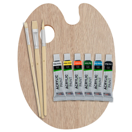 US Art Supply Wood Palette with 6-Piece Acrylic Paint Set & 3-Piece Brush Set