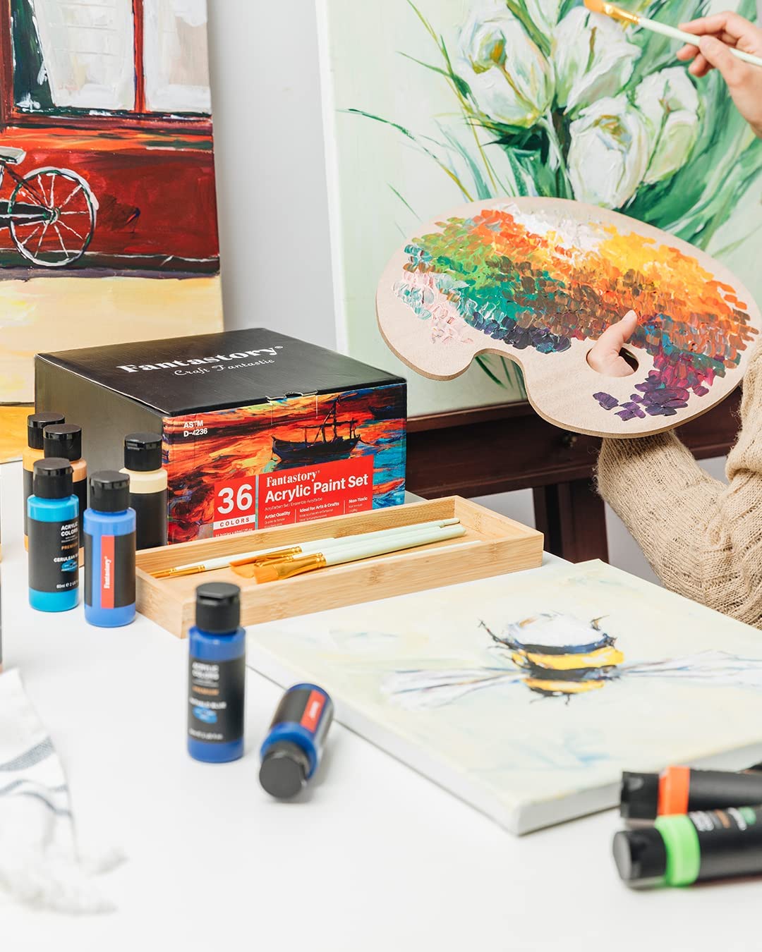 Fantastory Acrylic Paint Set 36 Colors(2oz /60ml) with 12 Brushes, Professional Craft Thick Paints Kits