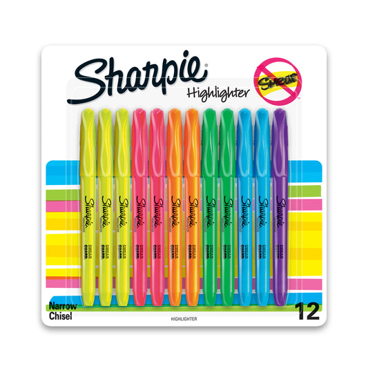 Sharpie Pocket Highlighters, Chisel Tip, Fluorescent Colors, 12 Count