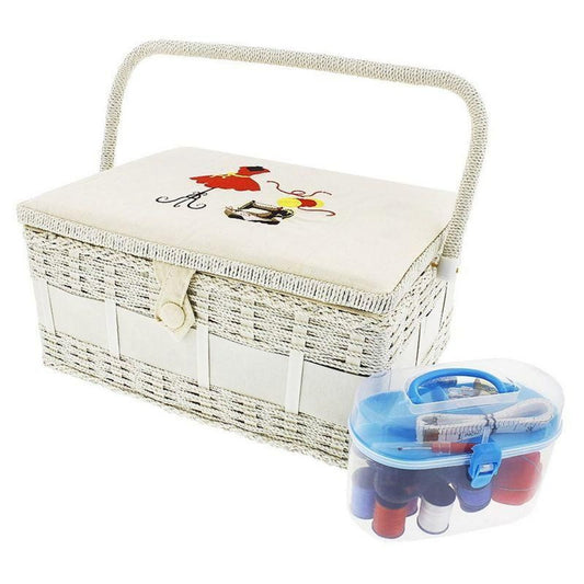 Vintage Sewing Basket Organizer Box Kit with Supplies and Notions Accessories