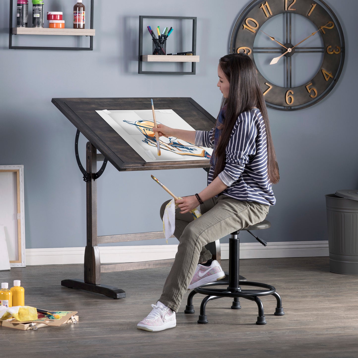 Vintage Solid Wood Drawing, Drafting Table with 36" Adjustable Tilting Top, 36''W x 24''D, Distressed Black