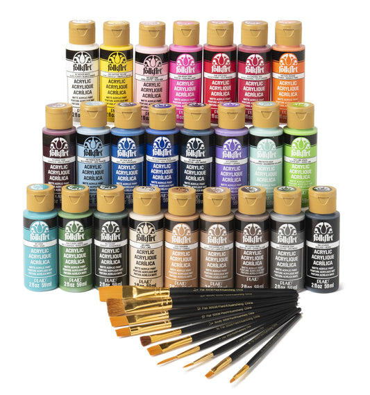 FolkArt Let's Paint Live Acrylic Craft Paint and Paintbrush Set, 34 Pieces