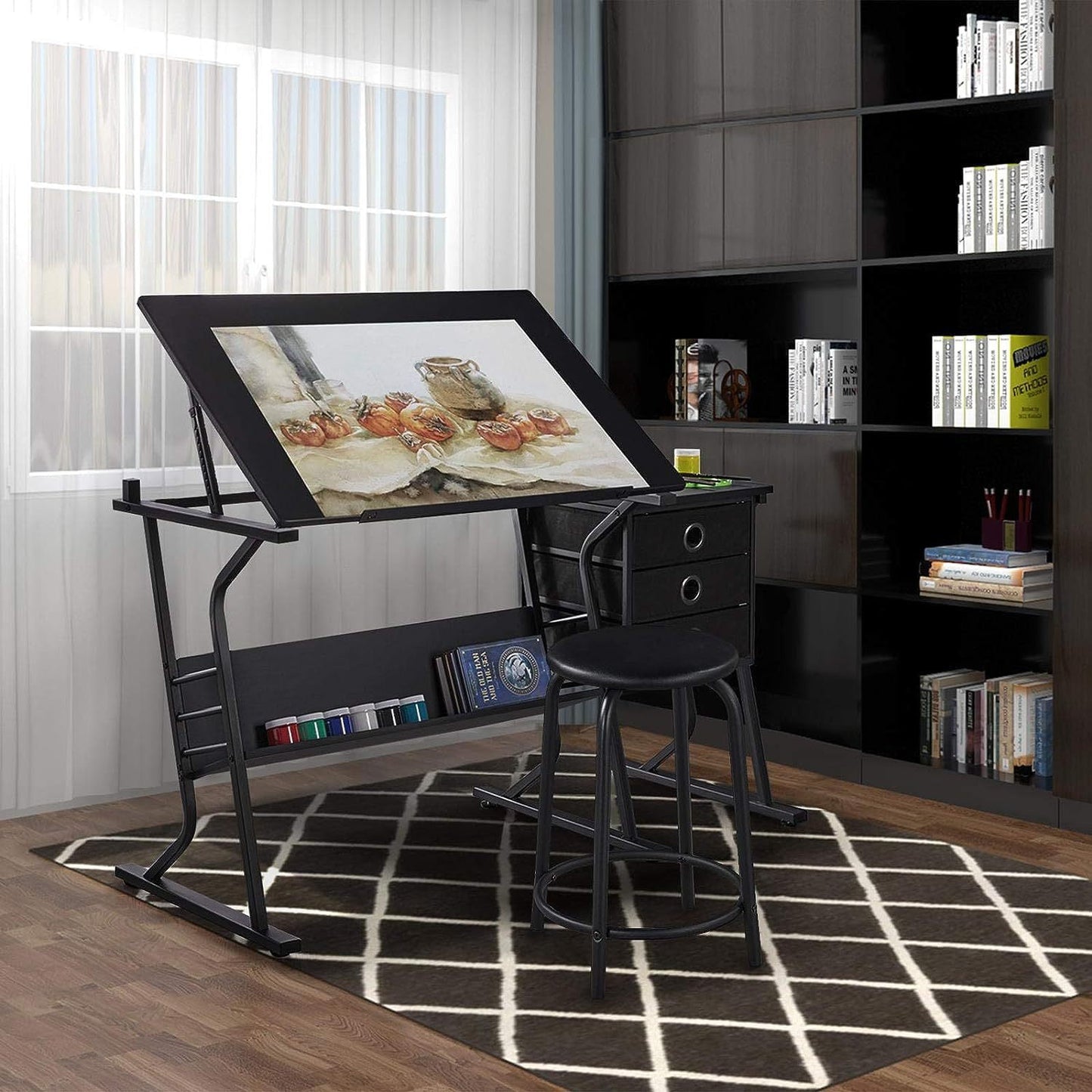 Chictail Height Adjustable Drafting Table with Stool & Storage Drawers
