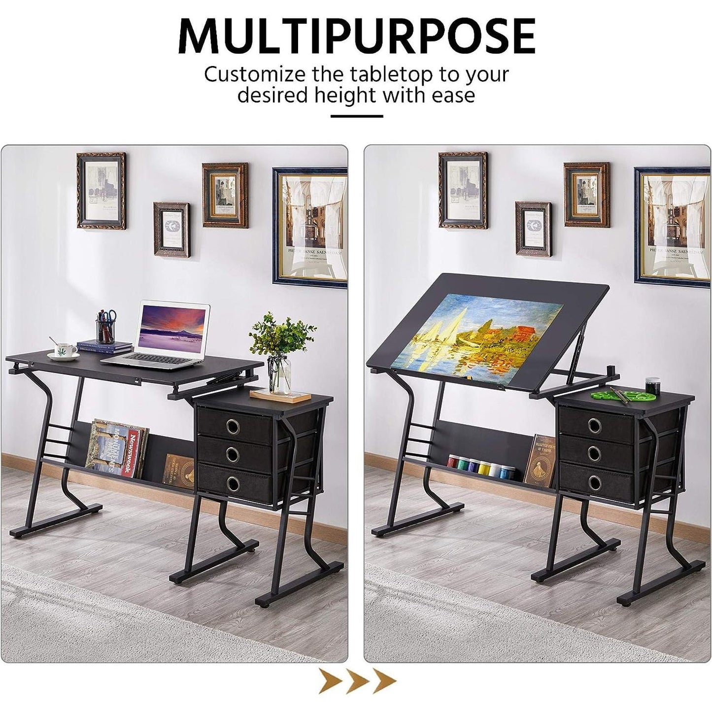 Chictail Height Adjustable Drafting Table with Stool & Storage Drawers