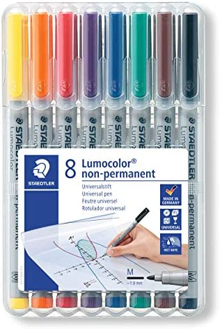 Staedtler Lumograph Non-Permanent Wet Erase Marker Pens, Medium Tip Refillable Colored Markers, 8 Pack, 315 WP8