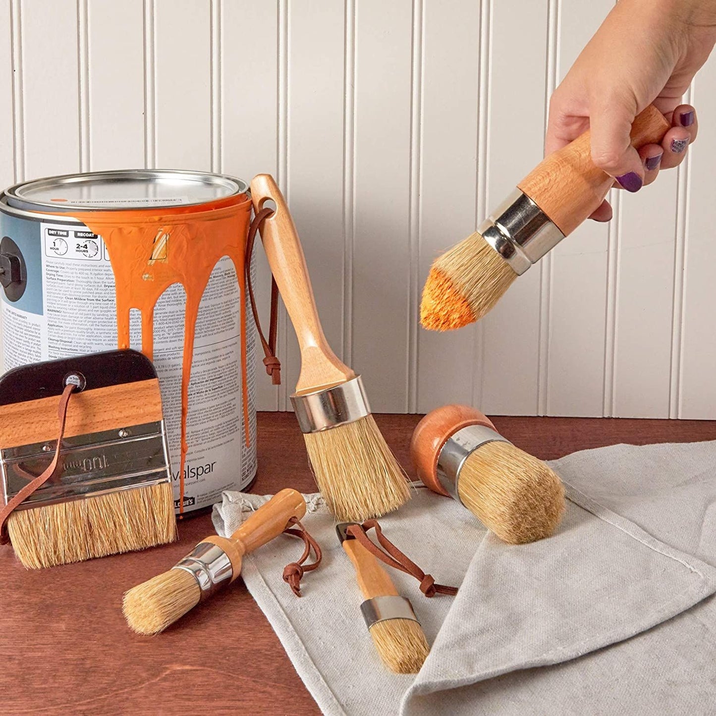6-Piece Wax and Chalk Paint Brush Set for Furniture Waxing Painting, Natural Boar Bristle